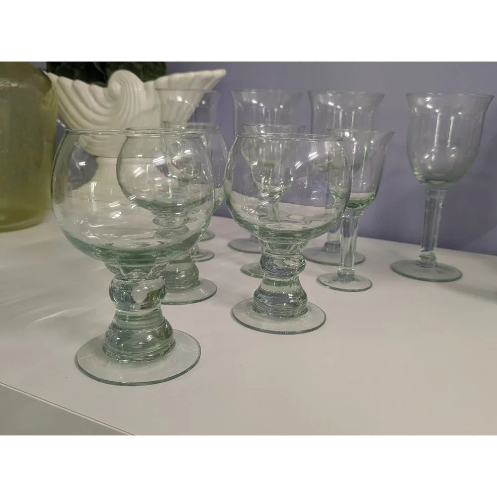 la mediterranea Set/9 Hand blown Green Wine, Beer, Water Goblets NEW!